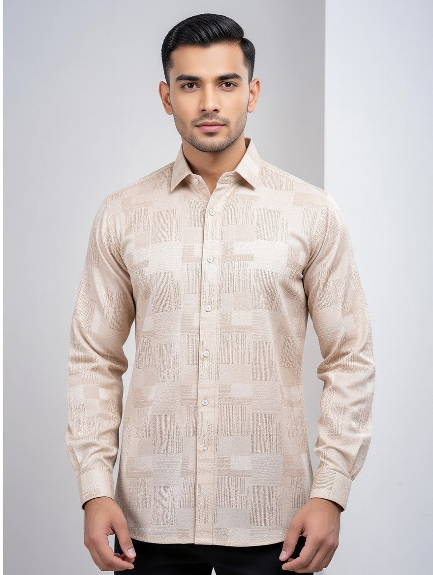 Men's Premium Beige Geometric Pattern Formal Shirt