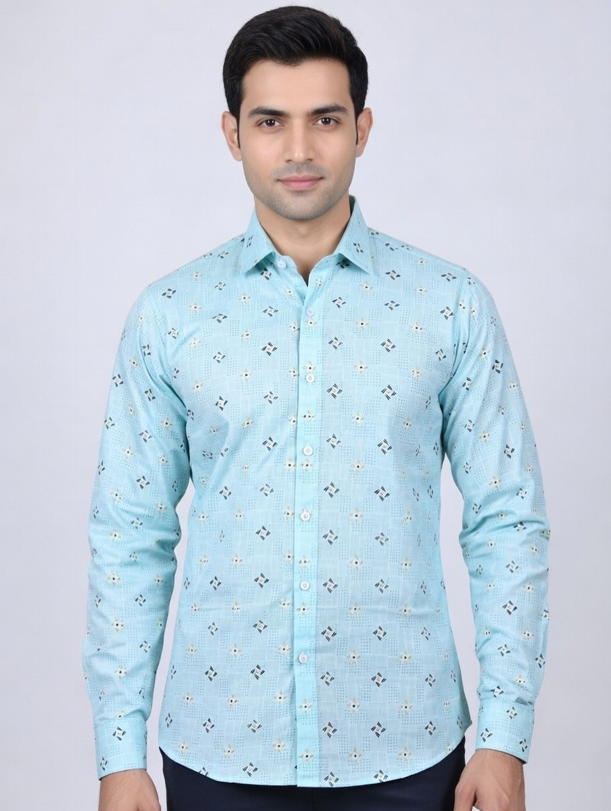 Sky Mint Micro-Print Slim Fit Formal Shirt for Men