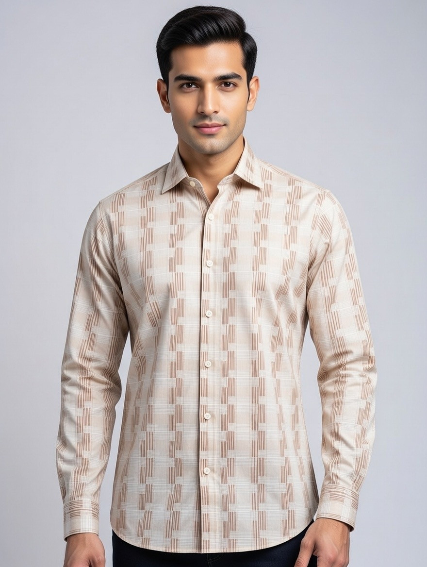 Men's Premium Beige Geometric Pattern Formal Shirt