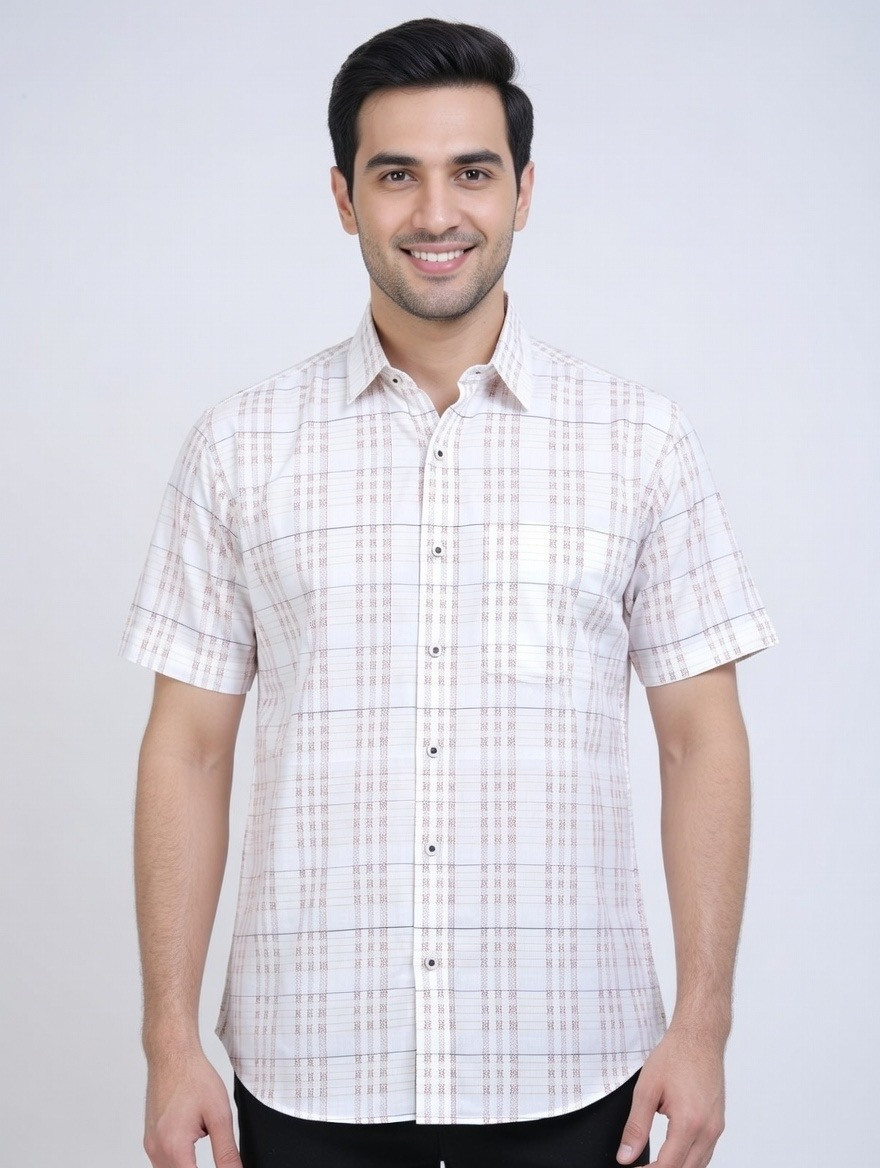 Soft Beige Plaid Short Sleeve Casual Shirt