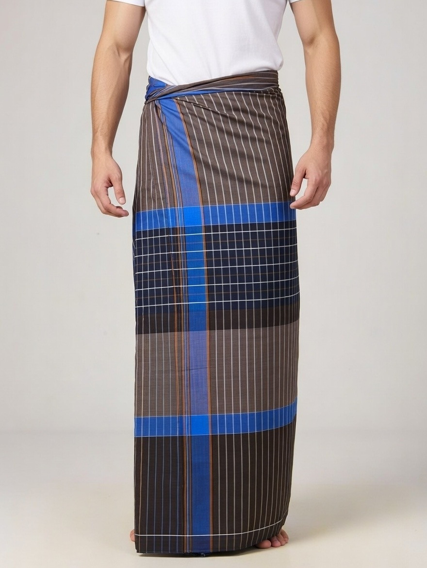 Men's Striped Cotton Lungi in Blue and Brown Plaid