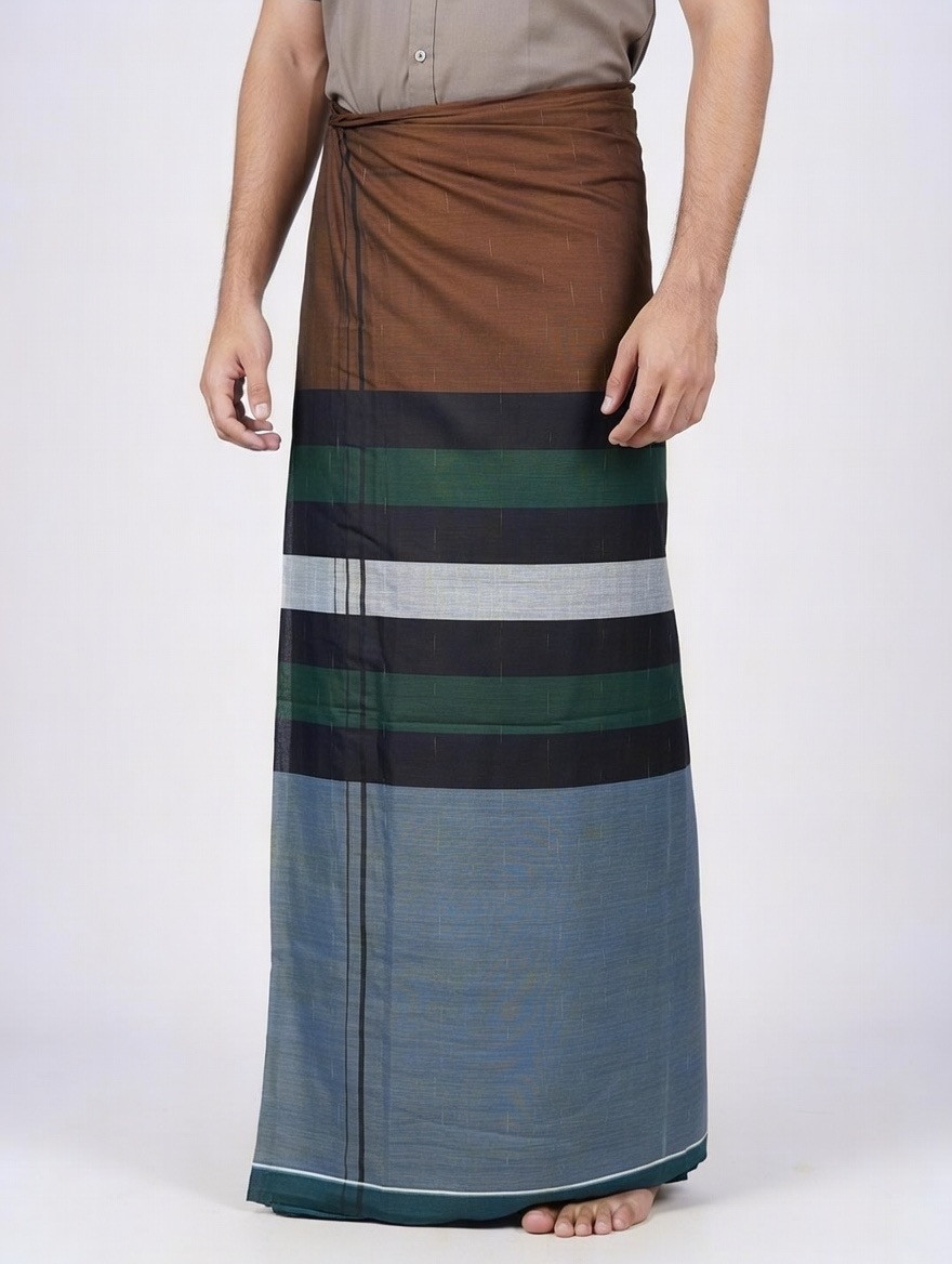 Premium Traditional Cotton Lungi – Brown & Green Striped Edition