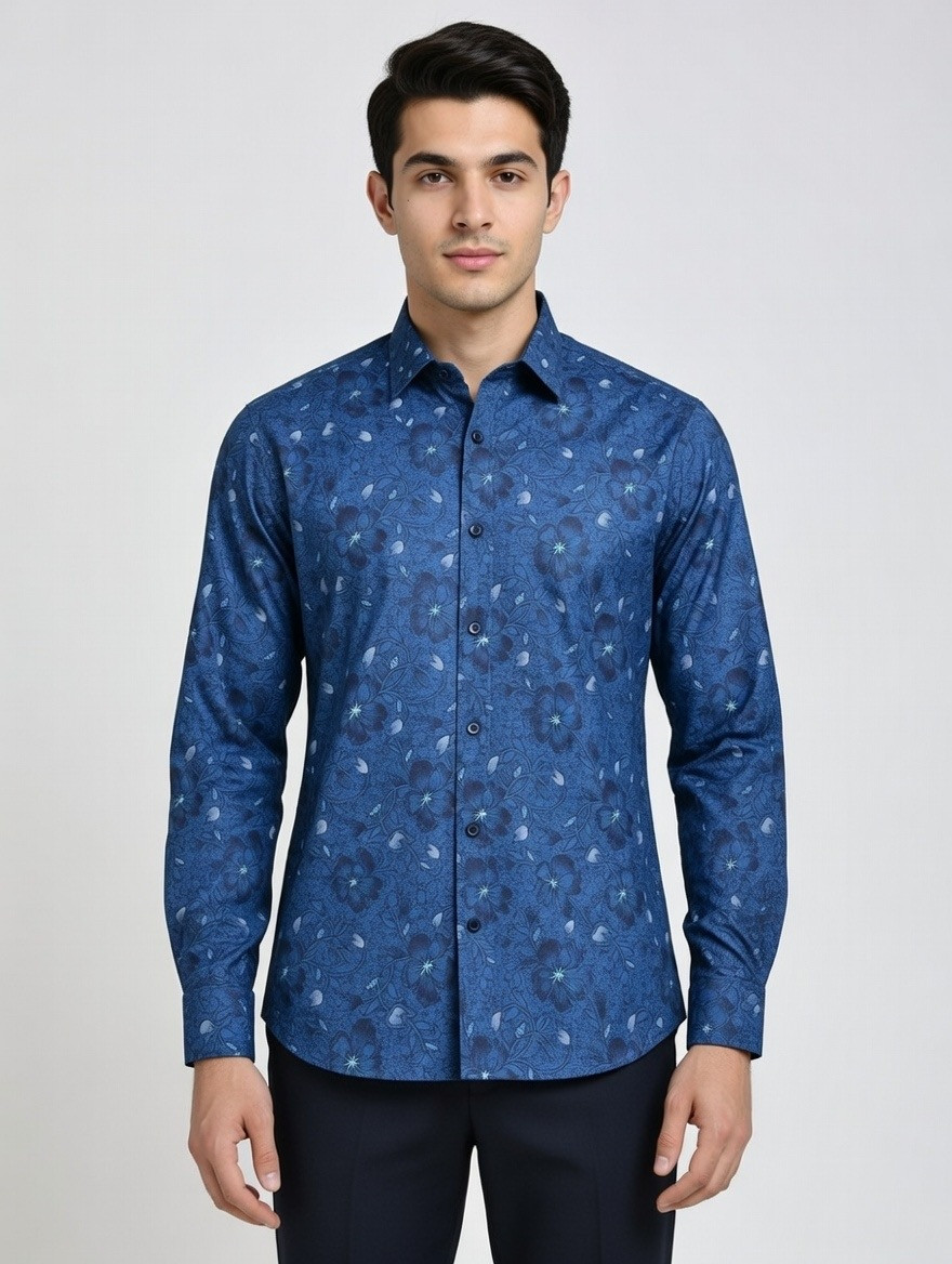 Men's Premium Navy Floral Printed Slim Fit Formal Shirt