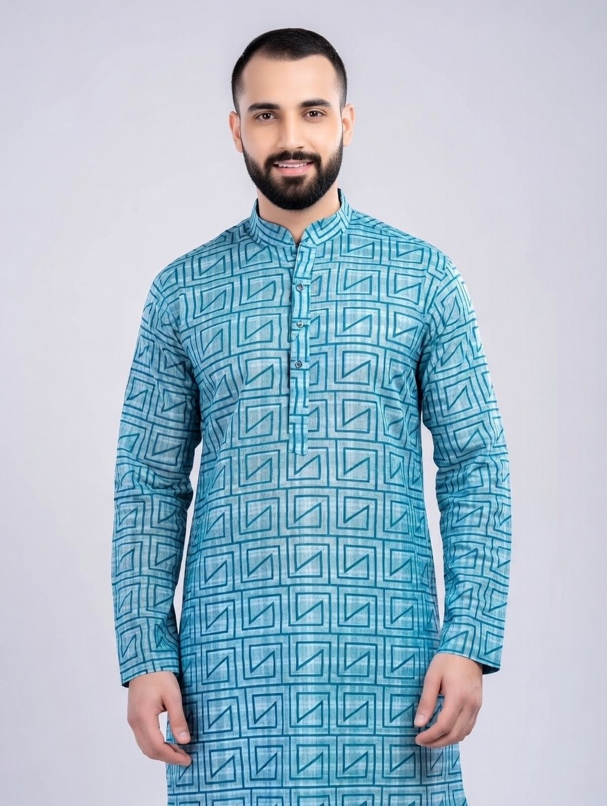 Aqua Geometric Premium Cotton Panjabi