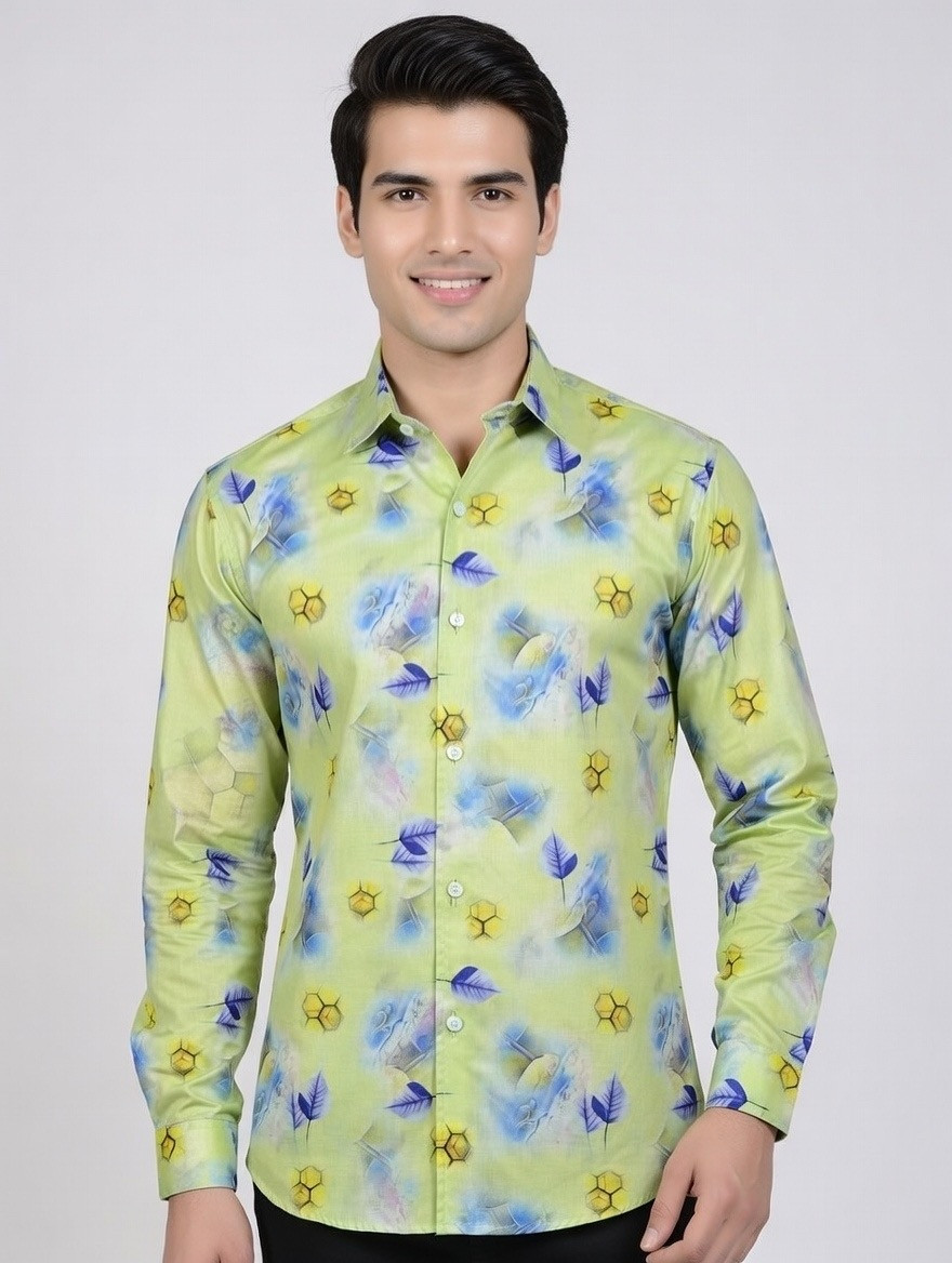 Urban Breeze Printed Slim Fit Cotton Shirt – Lime Green