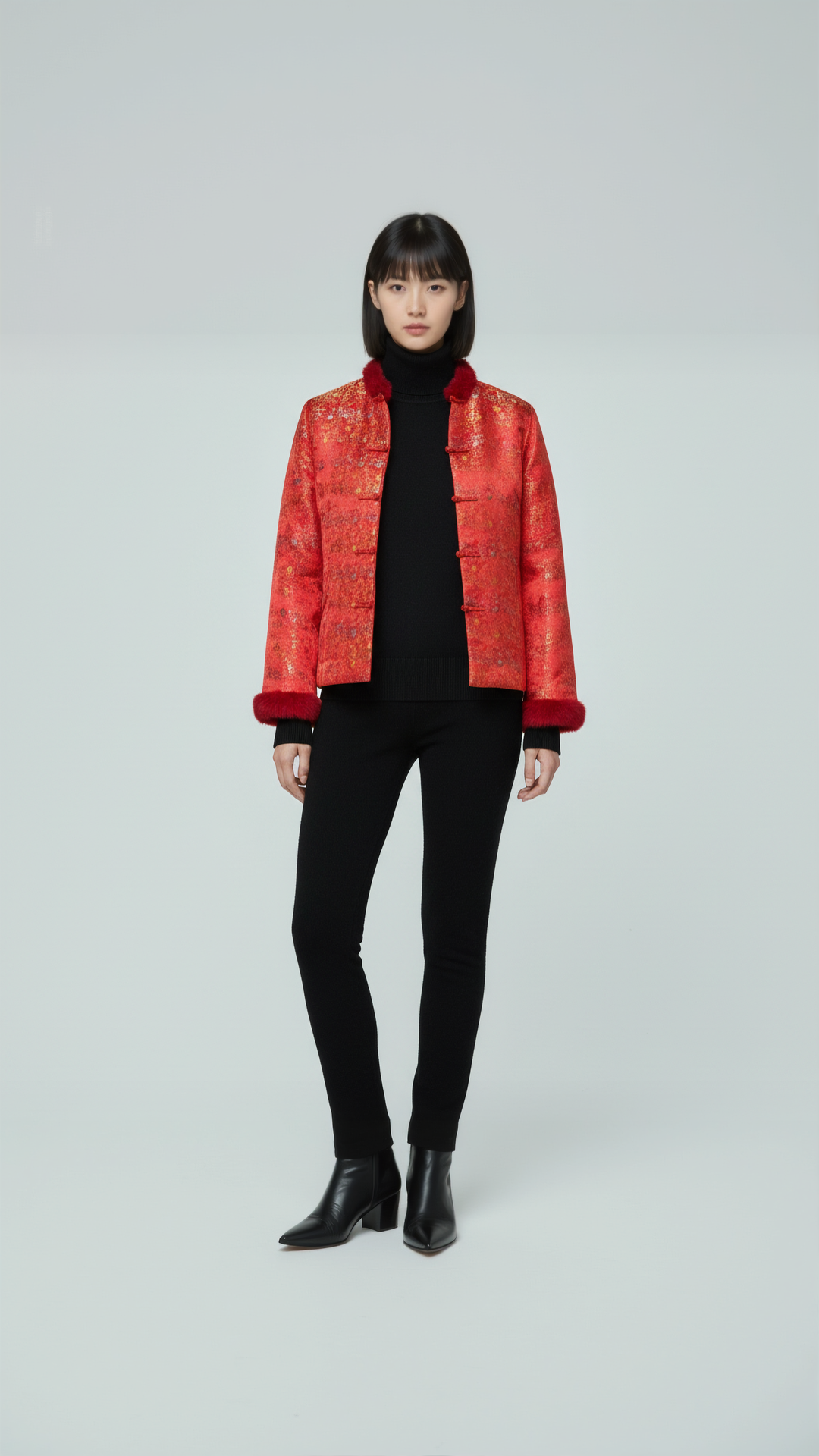 Red Brocade Fur-Trim Jacket for Women